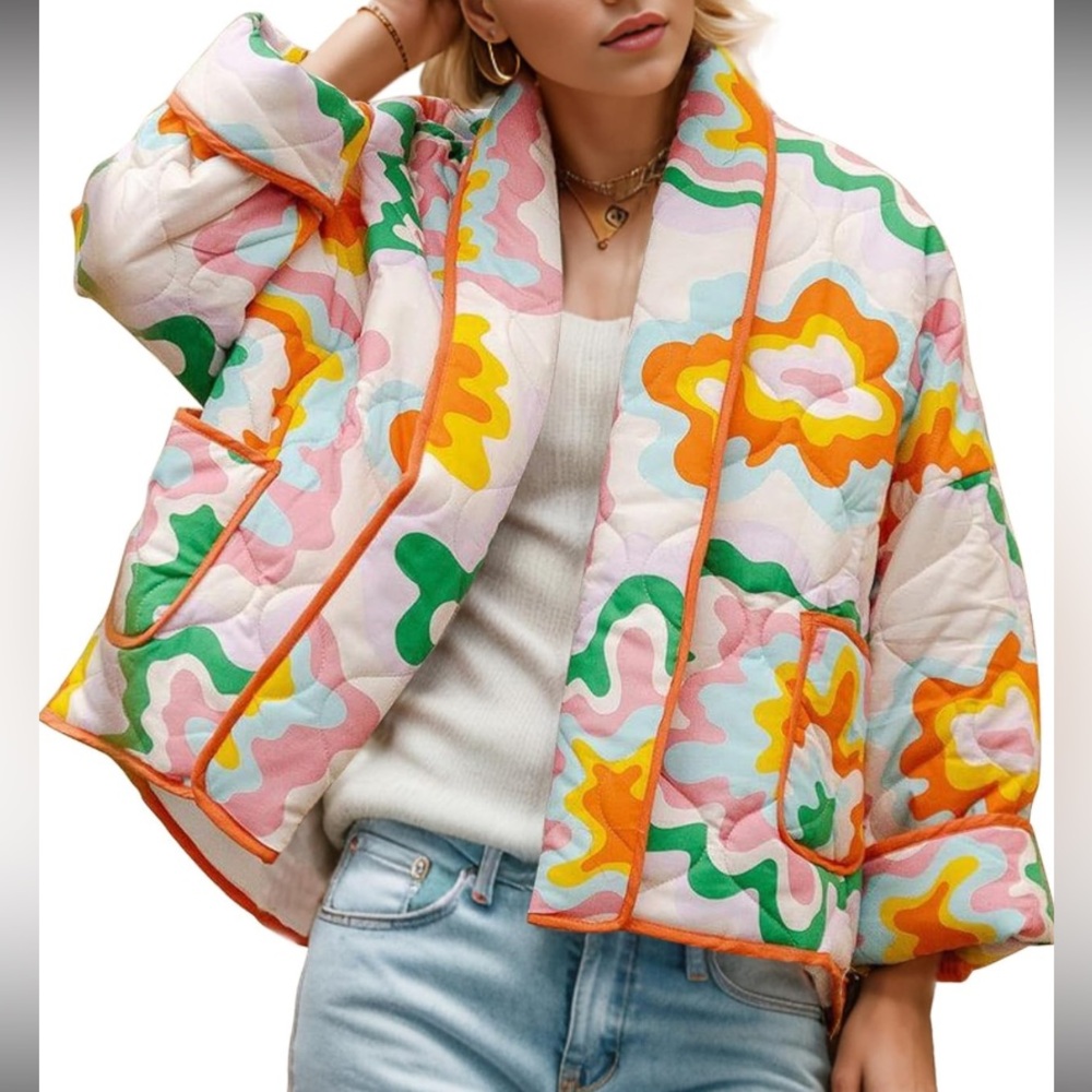 Colorful Floral Quilted Puffer Jacket - Multicolor